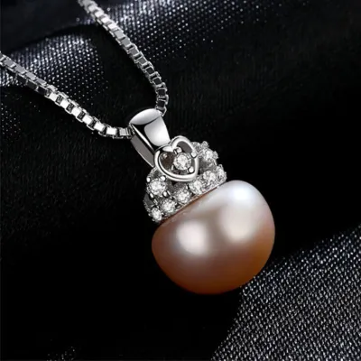 Elegant Women Natural Pearl Pendant Shiny Zircon Sterling Silver Necklace 42+3cm