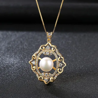 18K Gold Plated Sterling Silver Jewelry Freshwater Pearl Zircon Necklace