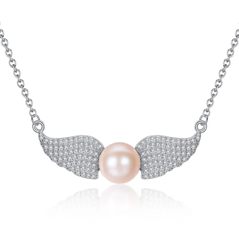 Women Sweet Style Angel's Wings Design Natural Pearl Pendant Necklace