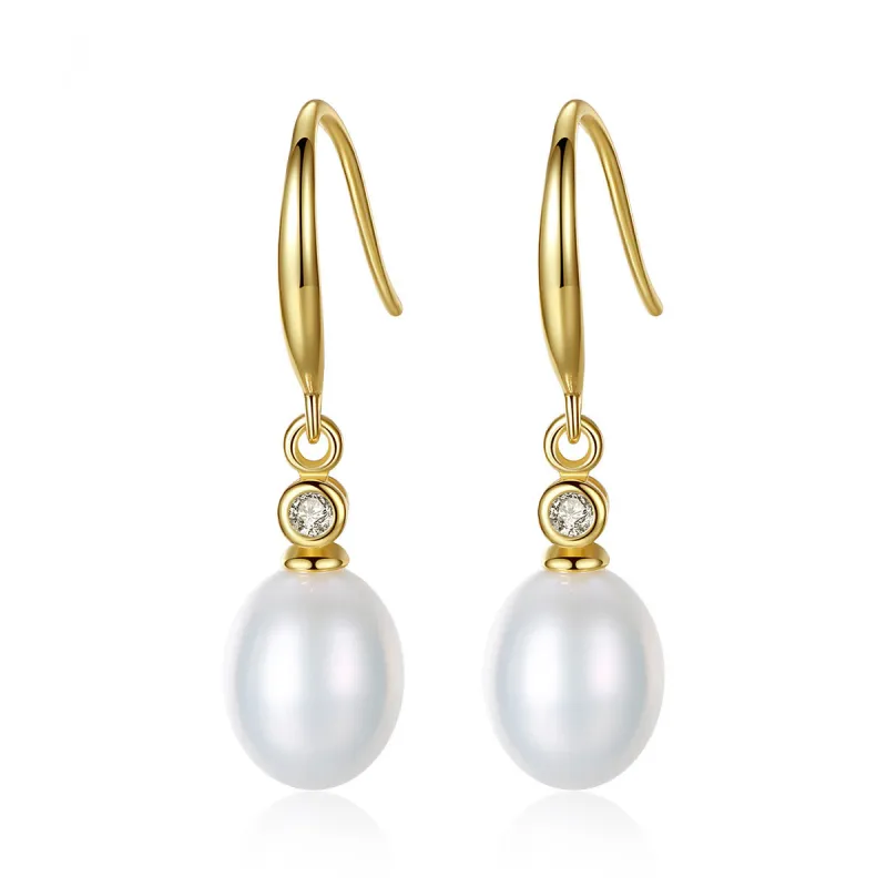 High Quality 18K Gold Plated 925 Silver Freshwater Pearl Zircon Drop Earrings