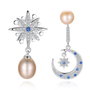 Creative Asymmetric Design Sterling Silver Star And Moon Pearl Earrings