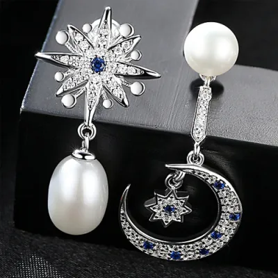 Creative Asymmetric Design Sterling Silver Star And Moon Pearl Earrings