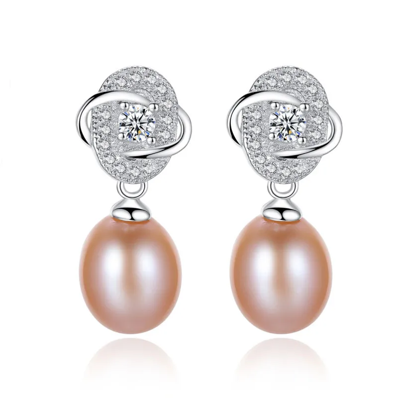 Unique Flower Pattern Fashion S925 Silver Natural Freshwater Pearl Earrings 1.8*0.9cm
