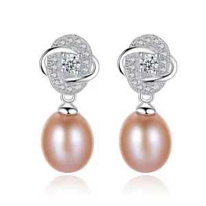 Unique Flower Pattern Fashion S925 Silver Natural Freshwater Pearl Earrings 1.8*0.9cm