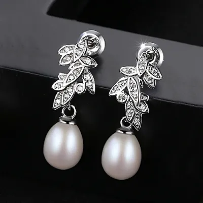 Fashion Leaves Design Luxury Sterling Silver Zircon Natural Pearl Earrings