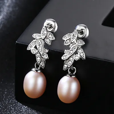 Fashion Leaves Design Luxury Sterling Silver Zircon Natural Pearl Earrings