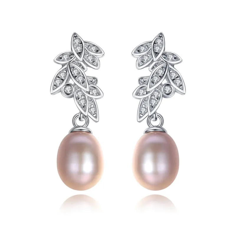 Fashion Leaves Design Luxury Sterling Silver Zircon Natural Pearl Earrings