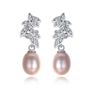 Fashion Leaves Design Luxury Sterling Silver Zircon Natural Pearl Earrings