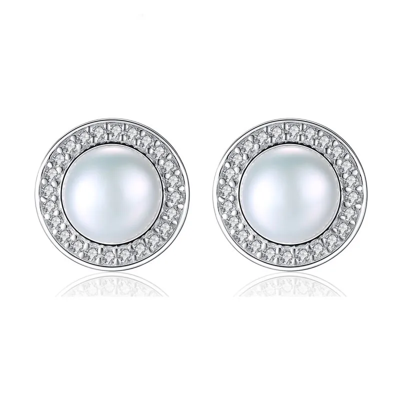 Women Luxury Zircon Natural Freshwater Pearl Silver Stud Earrings
