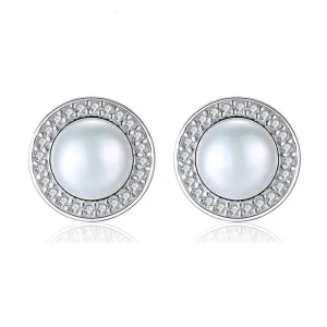 Women Luxury Zircon Natural Freshwater Pearl Silver Stud Earrings