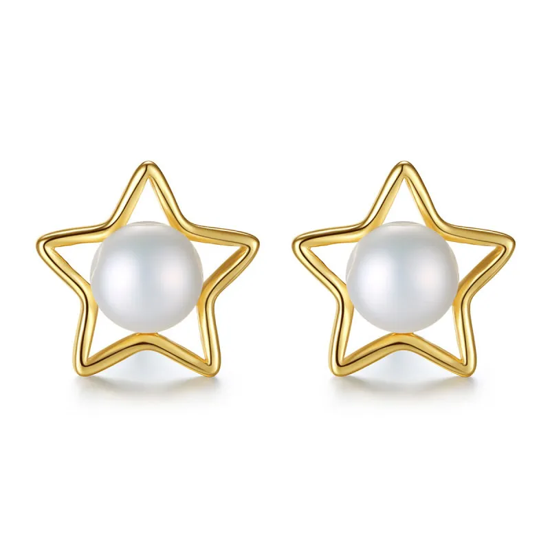 Simple Lady Hollow Star Design Gold Plated Silver Pearl Earrings