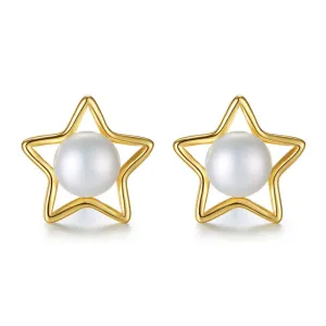 Simple Lady Hollow Star Design Gold Plated Silver Pearl Earrings