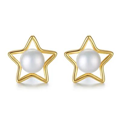 Simple Lady Hollow Star Design Gold Plated Silver Pearl Earrings