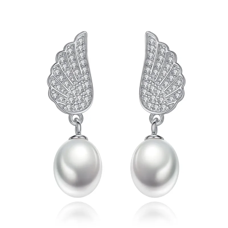 Fashion Unique Wings Design Women Zircon Natural Pearl 925 Silver Earrings