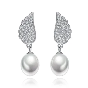 Fashion Unique Wings Design Women Zircon Natural Pearl 925 Silver Earrings