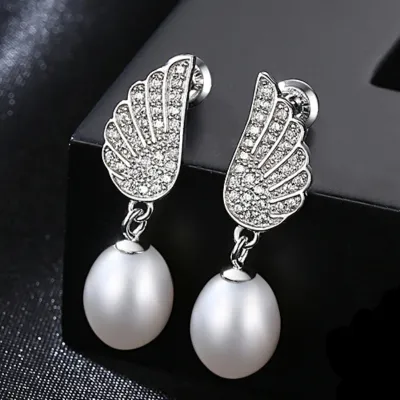 Fashion Unique Wings Design Women Zircon Natural Pearl 925 Silver Earrings