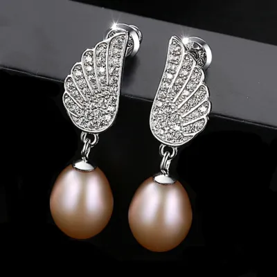 Fashion Unique Wings Design Women Zircon Natural Pearl 925 Silver Earrings
