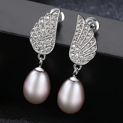 Fashion Unique Wings Design Women Zircon Natural Pearl 925 Silver Earrings