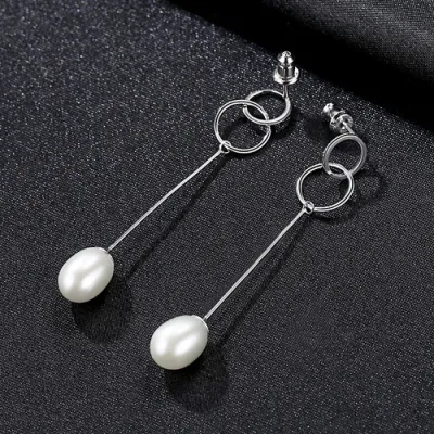 Simple Long Length Design Women Sterling Silver Natural Pearl Earrings