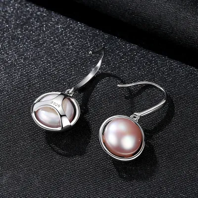 Fashion Geometric Round Sterling Silver Natural Pearl Earrings