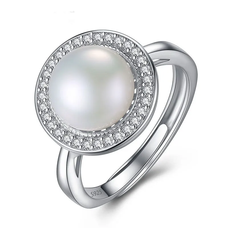 Luxury Sterling Silver Shiny Zircon Natural Freshwater Pearl Adjustable Ring
