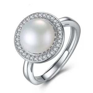 Luxury Sterling Silver Shiny Zircon Natural Freshwater Pearl Adjustable Ring