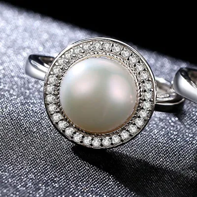 Luxury Sterling Silver Shiny Zircon Natural Freshwater Pearl Adjustable Ring