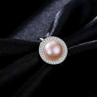 Luxury Sterling Silver Shiny Zircon Natural Freshwater Pearl Adjustable Ring