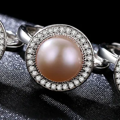 Luxury Sterling Silver Shiny Zircon Natural Freshwater Pearl Adjustable Ring