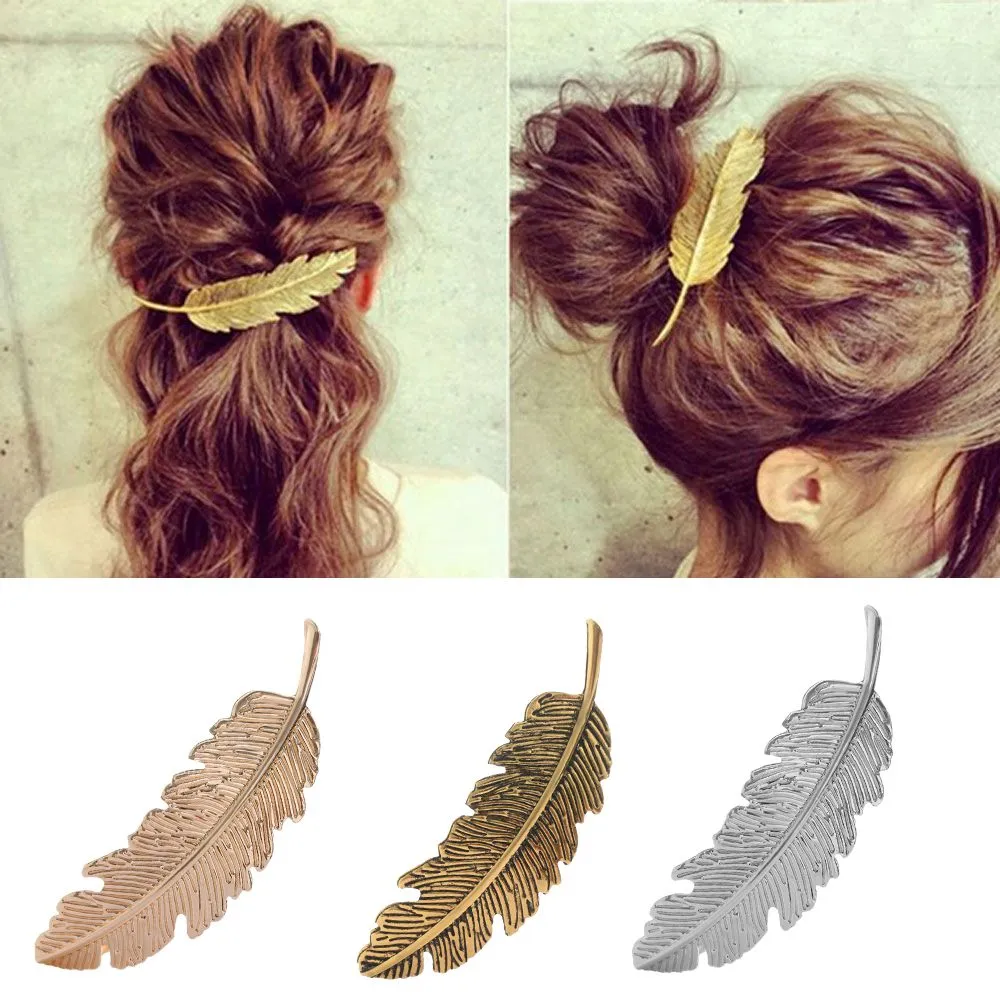 Feather Shape Alloy Metal Hair Clip for Women Side Clip