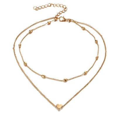 Double Layer Heart Pattern Ball Chain Choker Necklace for Women