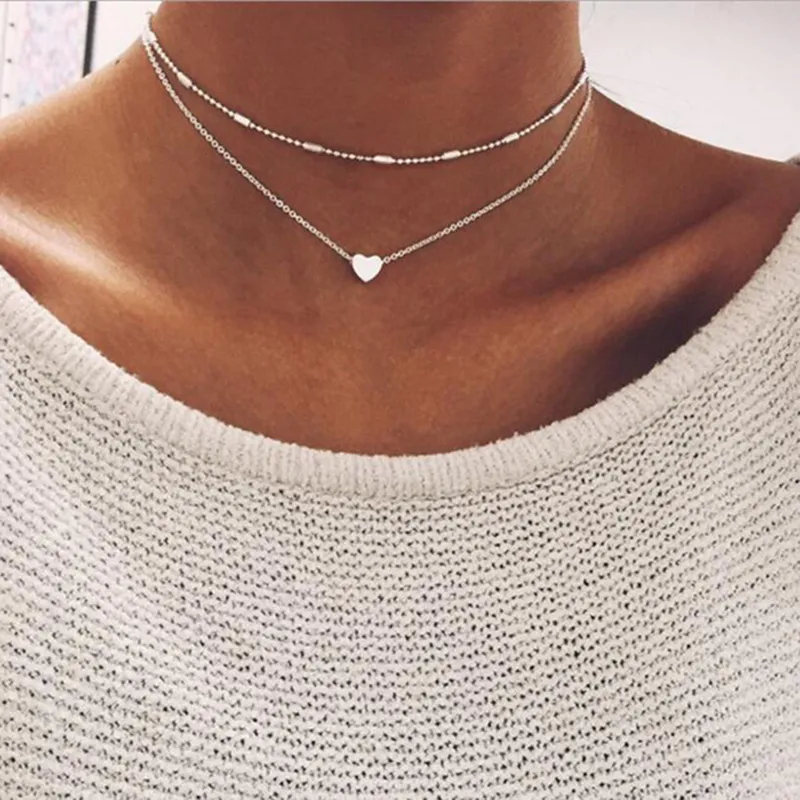 Double Layer Heart Pattern Ball Chain Choker Necklace for Women