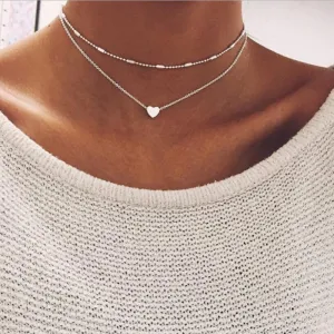 Double Layer Heart Pattern Ball Chain Choker Necklace for Women