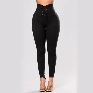 S-XL Lace-up Defined Waist Tight Leggings Quick-Drying Solid Color