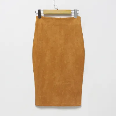 Women Solid Color Suede Bodycon Skirt