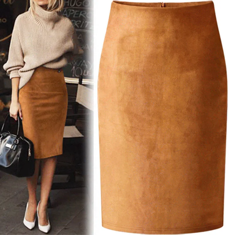Women Solid Color Suede Bodycon Skirt