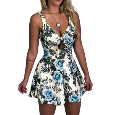 S-2XL Hollow Knotted Strap Women Graphic Print Rompers