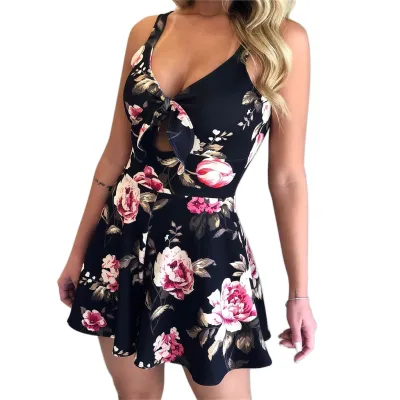 S-2XL Hollow Knotted Strap Women Graphic Print Rompers