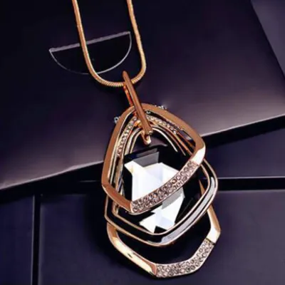 Geometric Pattern Rhinestone Alloy Statement Necklace Bamboo Chain Women