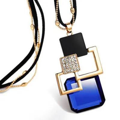 Geometric Plaid Pendant Necklace for Women Alloy Crystal Ball Chain