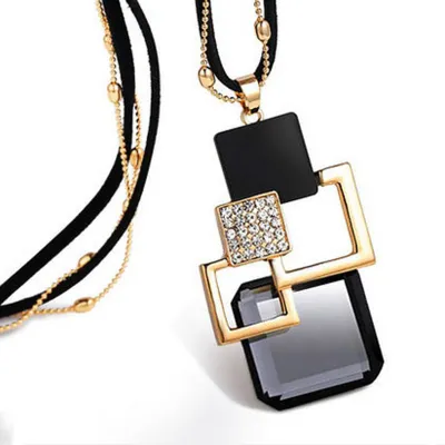 Geometric Plaid Pendant Necklace for Women Alloy Crystal Ball Chain