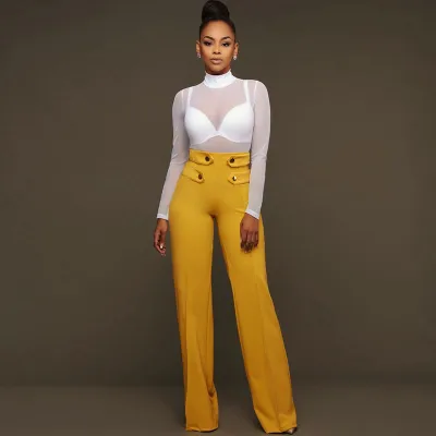 S-XL Button Design High Waist Wide Leg Casual Pants