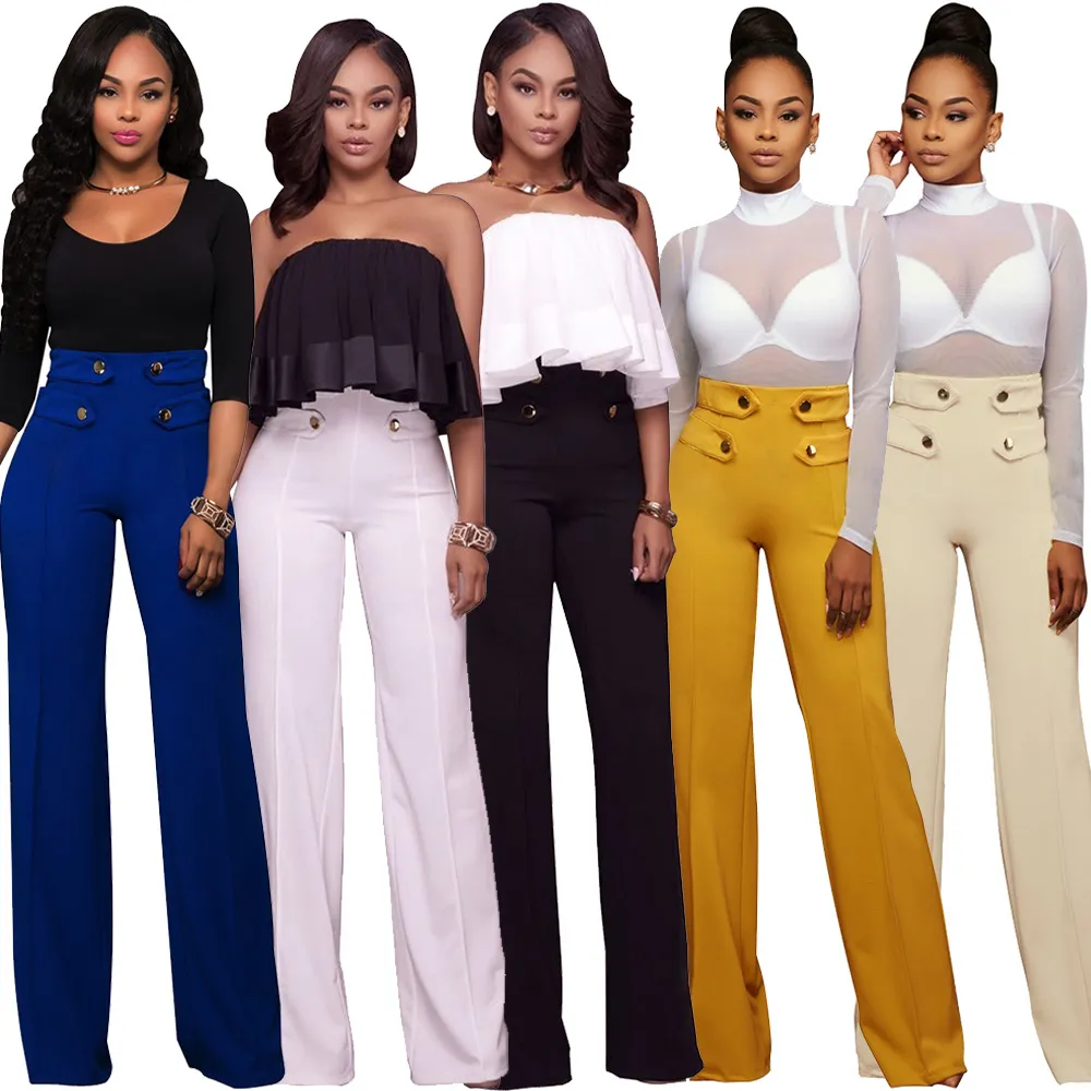 S-XL Button Design High Waist Wide Leg Casual Pants