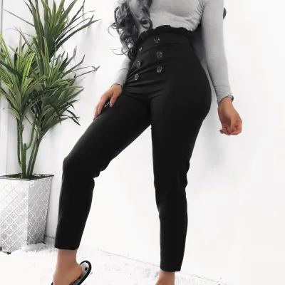 S-XL Button Decor High Waist Skinny Pencil Pants
