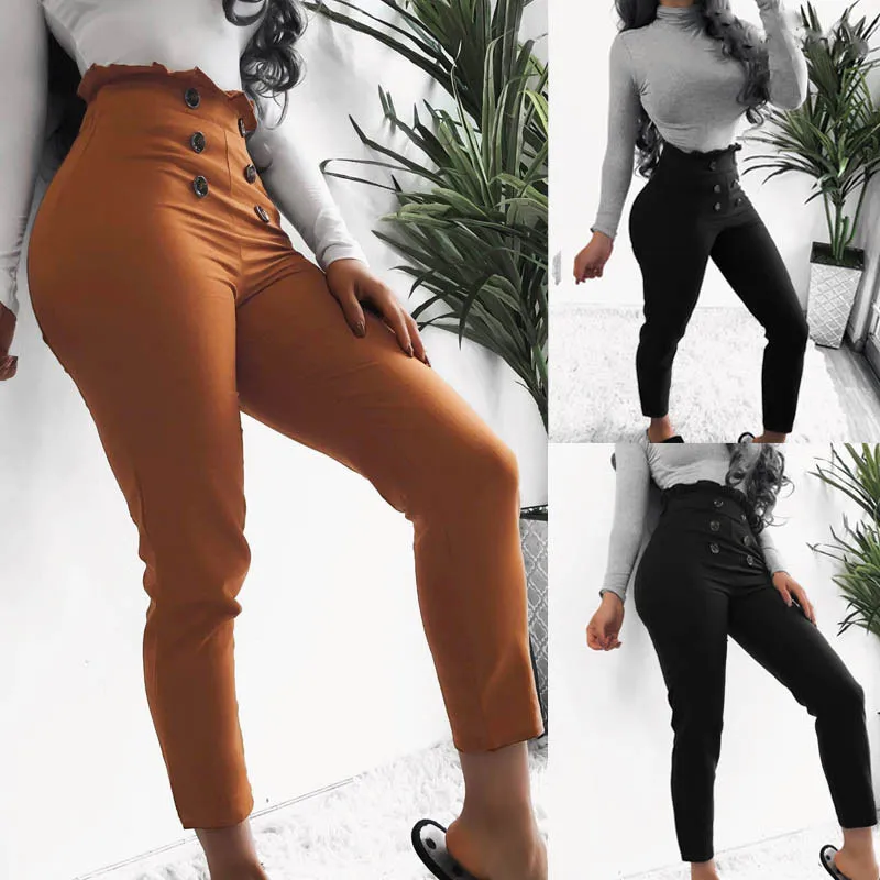 S-XL Button Decor High Waist Skinny Pencil Pants