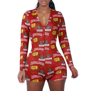 S-2XL Letter Print V-neck Long Sleeve Rompers