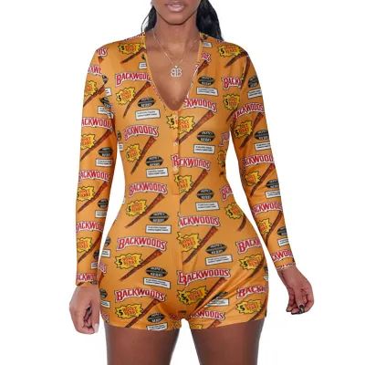 S-2XL Letter Print V-neck Long Sleeve Rompers