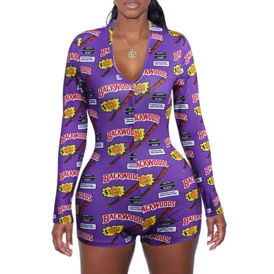 S-2XL Letter Print V-neck Long Sleeve Rompers
