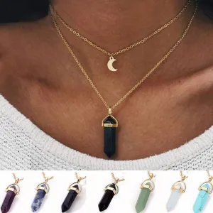 Moon Hexagon Pendant Multilayer Necklace