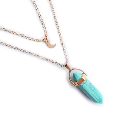 Moon Hexagon Pendant Multilayer Necklace